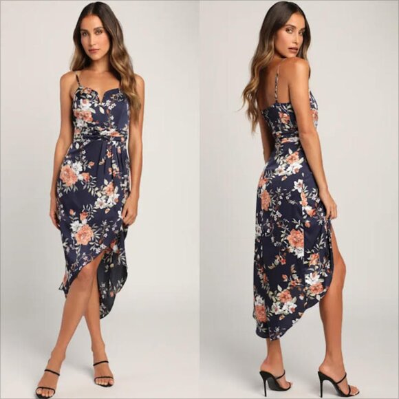 Lulus My Favorite Day Tulip Midi Dress Size L Womans Navy Floral Wedding Guest - Picture 1 of 15